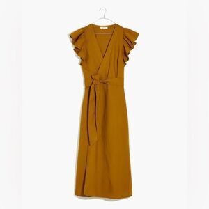 Madewell Women's Linen-Blend Ruffle Sleeve Wrap Midi Dress Antique Gold Size XS